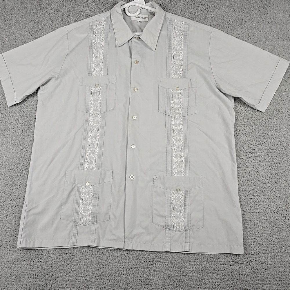 Milano Bay Mens XL Button Front Shirt Gray Short Sleeve Embroidery with Pockets